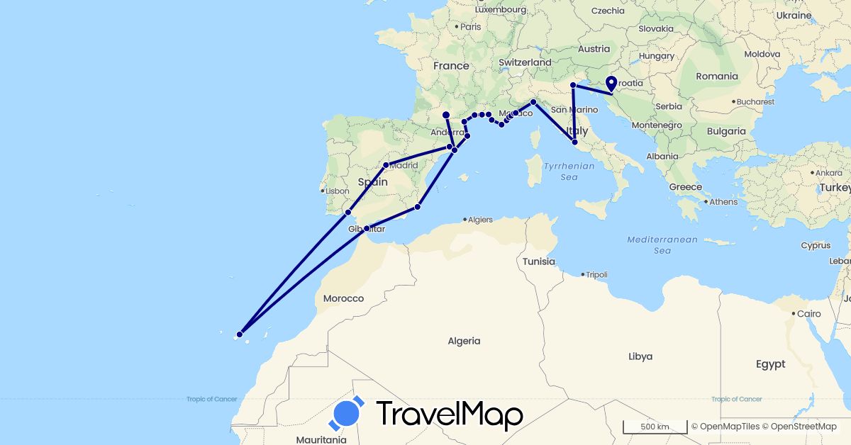 TravelMap itinerary: driving in Spain, France, Gibraltar, Croatia, Italy, Monaco (Europe)